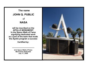 Sample Apollo Monument Engraving Certificate