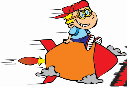 Cartoon Guy on Roaring Rocket